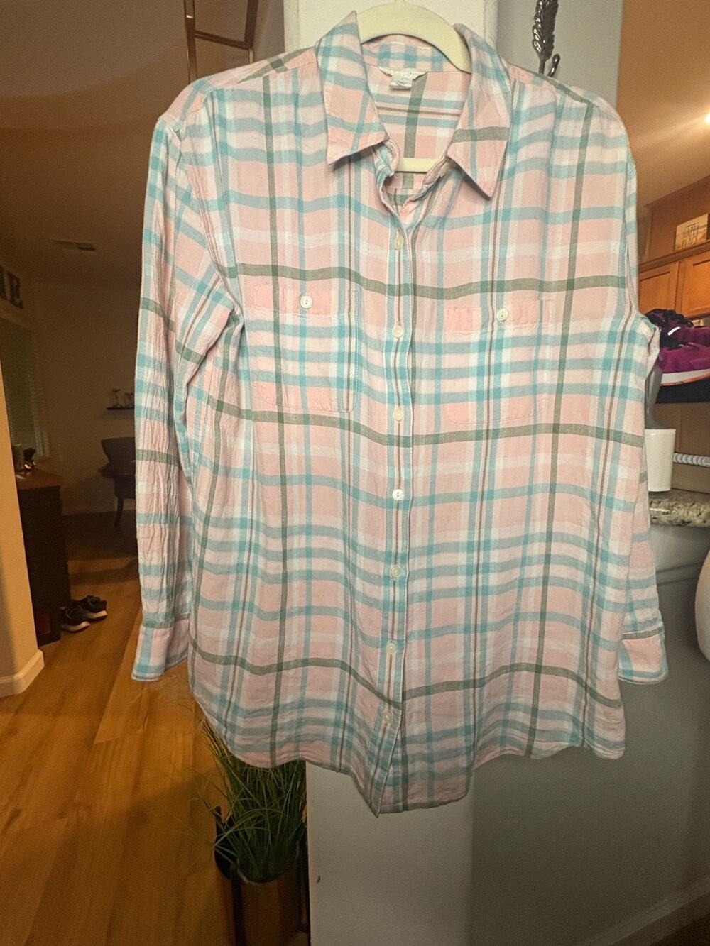 Caslon Plaid Linen Blend Button Up Shirt Pastel Colors Small 2-6